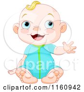 Cartoon Of A Happy Blond Caucasian Girl Sitting And Waving Royalty Free Vector Clipart