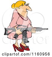 Smiling Blond Caucasian Woman Holding An Assault Rifle