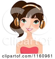 Clipart Of A Pretty Brunette Woman Wearing Gold Headphones Royalty Free Vector Illustration