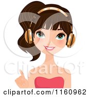 Poster, Art Print Of Pointing Pretty Brunette Woman Wearing Gold Headphones