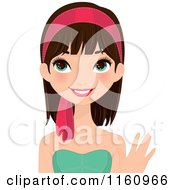 Clipart Of A Waving Pretty Brunette Woman With Green Eyes And A Pink Headband Royalty Free Vector Illustration
