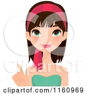 Clipart Of A Pointing Pretty Brunette Woman With Green Eyes And A Pink Headband Royalty Free Vector Illustration