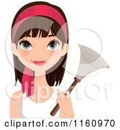 Clipart Of A Pretty Brunette Woman With Green Eyes And A Pink Headband Holding A Feather Duster Royalty Free Vector Illustration