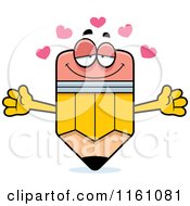 Cartoon Of An Amorous Pencil Mascot With Open Arms And Hearts Royalty Free Vector Clipart