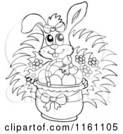 Cartoon Of An Outlined Rabbit With A Basket Full Of Easter Eggs Royalty Free Vector Clipart