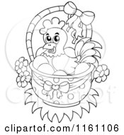 Cartoon Of An Outlined Chicken And Easter Eggs In A Basket Royalty Free Vector Clipart