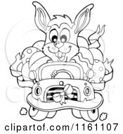 Cartoon Of An Outlined Rabbit Driving A Car Full Of Easter Eggs Royalty Free Vector Clipart