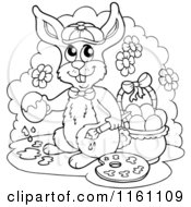 Cartoon Of An Outlined Rabbit Painting Easter Eggs Royalty Free Vector Clipart