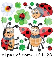 Cartoon Of Ladybugs Clovers And Flowers Royalty Free Vector Clipart