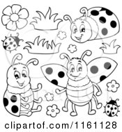 Cartoon Of Black And White Ladybugs And Flowers Royalty Free Vector Clipart