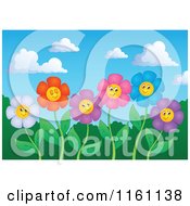 Poster, Art Print Of Colorful Daisy Flower Faces On Stems Against A Sky