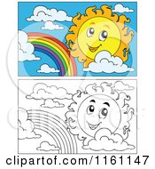 Cartoon Of Outlined And Colored Suns And Rainbows Royalty Free Vector Clipart