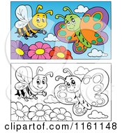 Cartoon Of An Outlined And Colored Bee Butterfly And Flowers Royalty Free Vector Clipart