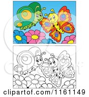 Cartoon Of Outlined And Colored Butterflies And Flowers Royalty Free Vector Clipart