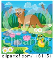 Poster, Art Print Of Happy Otter Watching A Frog On A River