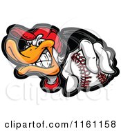 Cartoon Of An Aggressive Duck Wearing A Hat And Holding Out A Baseball Royalty Free Vector Clipart