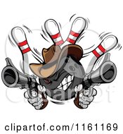 Cartoon Of A Wild West Cowboy Bowling Ball Bandit Shooting Pistols Over Pins Royalty Free Vector Clipart by Chromaco #COLLC1161169-0173