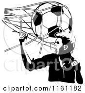 Poster, Art Print Of Black And White Victorious Soccer Player And Ball Hitting The Net