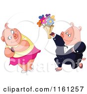Cartoon Of A Pig Presenting His Love With Valentines Day Flowers Royalty Free Vector Clipart