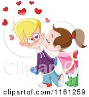 Cartoon Of A Valentine Girl Kissing A Boy On The Cheek Royalty Free Vector Clipart
