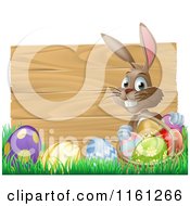 Poster, Art Print Of Happy Easter Bunny Gathering Eggs In Front Of A Wooden Sign