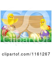 Poster, Art Print Of Happy Easter Chicks On Eggs In Front Of A Wooden Sign Against A Blue Sky