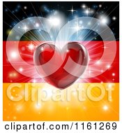 Shiny Red Heart And Fireworks Over A German Flag