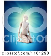 Poster, Art Print Of 3d Woman Kneeling With A Visible Brain Over Blue