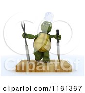 3d Tortoise Chef With A Carving Knife And Fork On A Cutting Board
