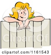 Cartoon Of A Happy Blond Neighbor Woman Talking Over A Fence Royalty Free Vector Clipart by Johnny Sajem