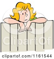 Cartoon Of A Concerned Blond Neighbor Woman Talking Over A Fence Royalty Free Vector Clipart