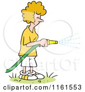 Poster, Art Print Of Happy Blond Woman Watering Her Lawn With A Hose