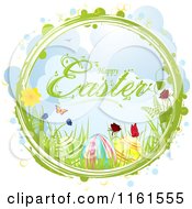 Happy Easter Greeting With Eggs Flowers And Butterflies In A Ring With Bubbles