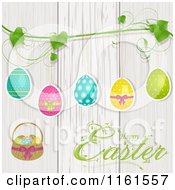 Poster, Art Print Of Happy Easter Greeting With Eggs Suspended From A Vine Over White Washed Wood
