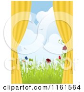 Poster, Art Print Of Yellow Window Drapes Tied To The Side With A View Of Spring Flowers And Butterflies