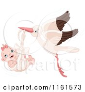Cartoon Of A Happy Baby Girl In A Stork Bundle Royalty Free Vector Clipart by Pushkin