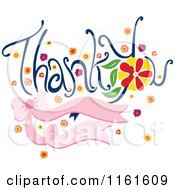 Cartoon Of Thank You Text With Flowers And A Pink Bow Royalty Free Vector Clipart