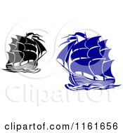 Clipart Of Blue And Black Galleon Ships Royalty Free Vector Illustration