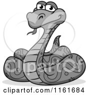 Cartoon Of A Grayscale Happy Coiled Python Snake Royalty Free Vector Clipart