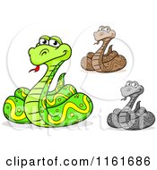 Cartoon Of A Happy Coiled Python Snake In Three Colors Royalty Free Vector Clipart