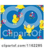 Poster, Art Print Of Seamless Chick And Flower Pattern On Blue