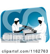 Poster, Art Print Of Packaging Workers Wearing Masks Over A Blue Slanted Rectangle