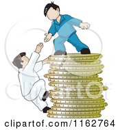 Man On Top Of A Pile Of Coins Reaching Down To Help A Climber