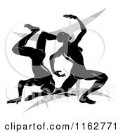 Clipart Of Black And White Horoscope Zodiac Astrology Dancing Gemini Twins Over A Symbol Royalty Free Vector Illustration