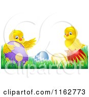 Poster, Art Print Of Yellow Easter Chicks Playing In Grass With Eggs