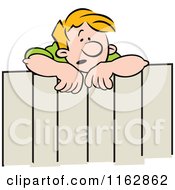 Cartoon Of A Concerned Blond Neighbor Man Talking Over A Fence Royalty Free Vector Clipart