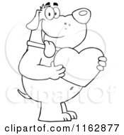 Cartoon Of An Outlined Chubby Dog Standing And Holding A Heart Royalty Free Vector Clipart