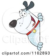 Cartoon Of A Happy Chubby Blue Dog Looking Around A Sign Royalty Free Vector Clipart