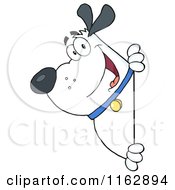 Cartoon Of A Happy Chubby White Dog Looking Around A Sign Royalty Free Vector Clipart