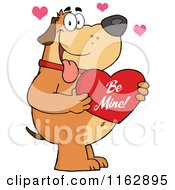 Cartoon Of A Happy Chubby Brown Dog Holding A Red Be Mine Valentine Heart Royalty Free Vector Clipart